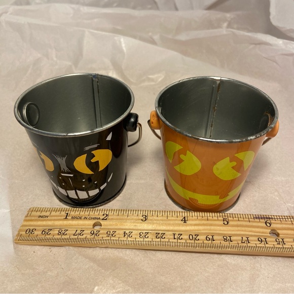 Vintage Halloween Buckets 2 mini pail Black Cat Jack O Lantern pumpkin face 90s - Picture 9 of 16